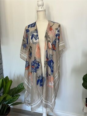 Woven Heart Floral Sheer Kimono Coverup in Beige, Blue & Coral